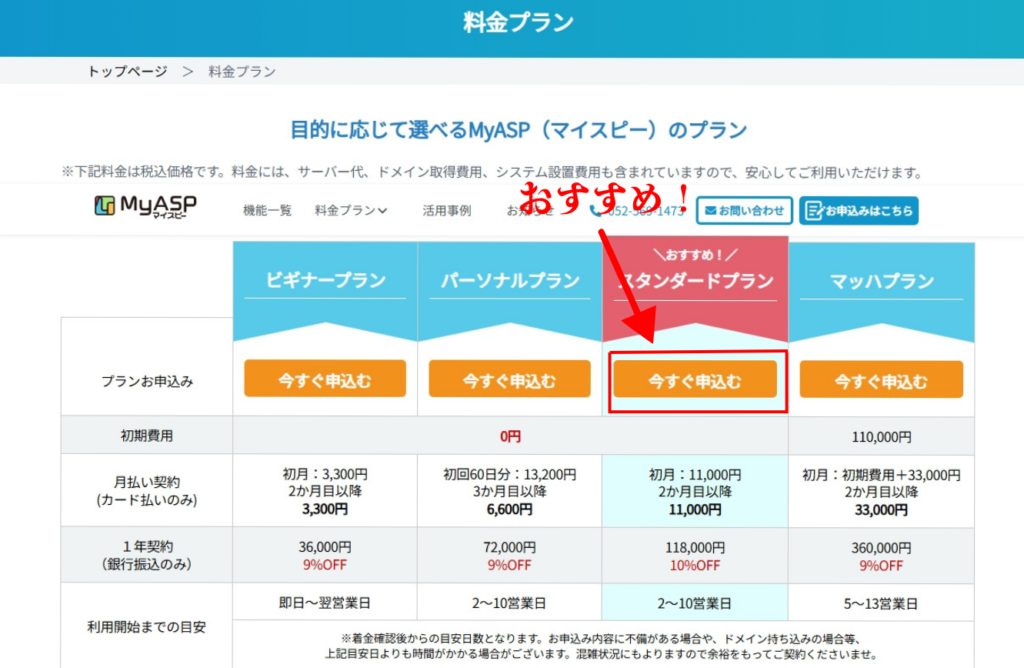 MyASPのお申し込み方法の解説の画像。
MyASPのプラン一覧の画面が出ますので、契約するプランを選択します。

